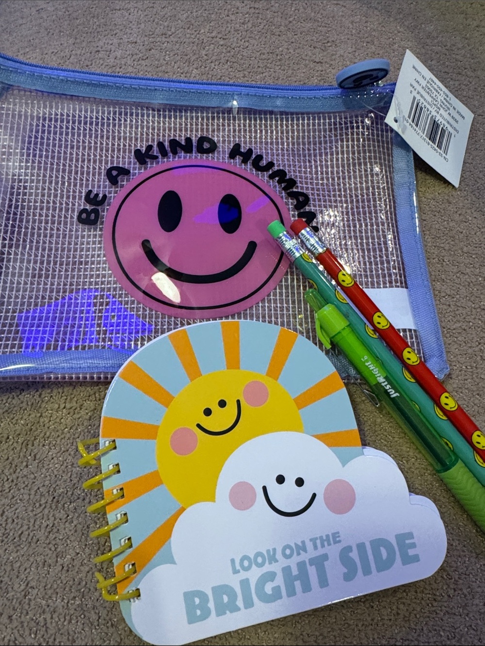 Be a Kind Human Pink Smiley Clear Pencil Case with Sunny Notebook